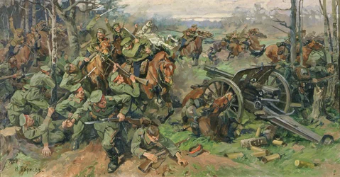 Die russische Kavallerie greift die deutsche Artillerie im Jahr 1915 an